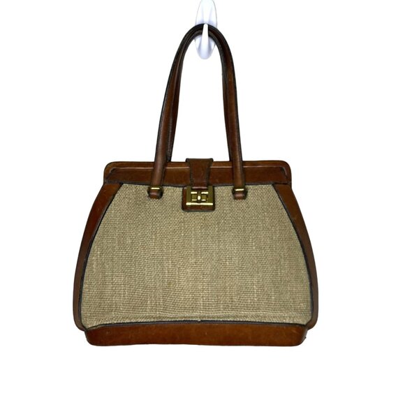 Vintage 60s Etienne Aigner French Leather & Woven Handbag w/ Turn-Lock Closure - Picture 1 of 15